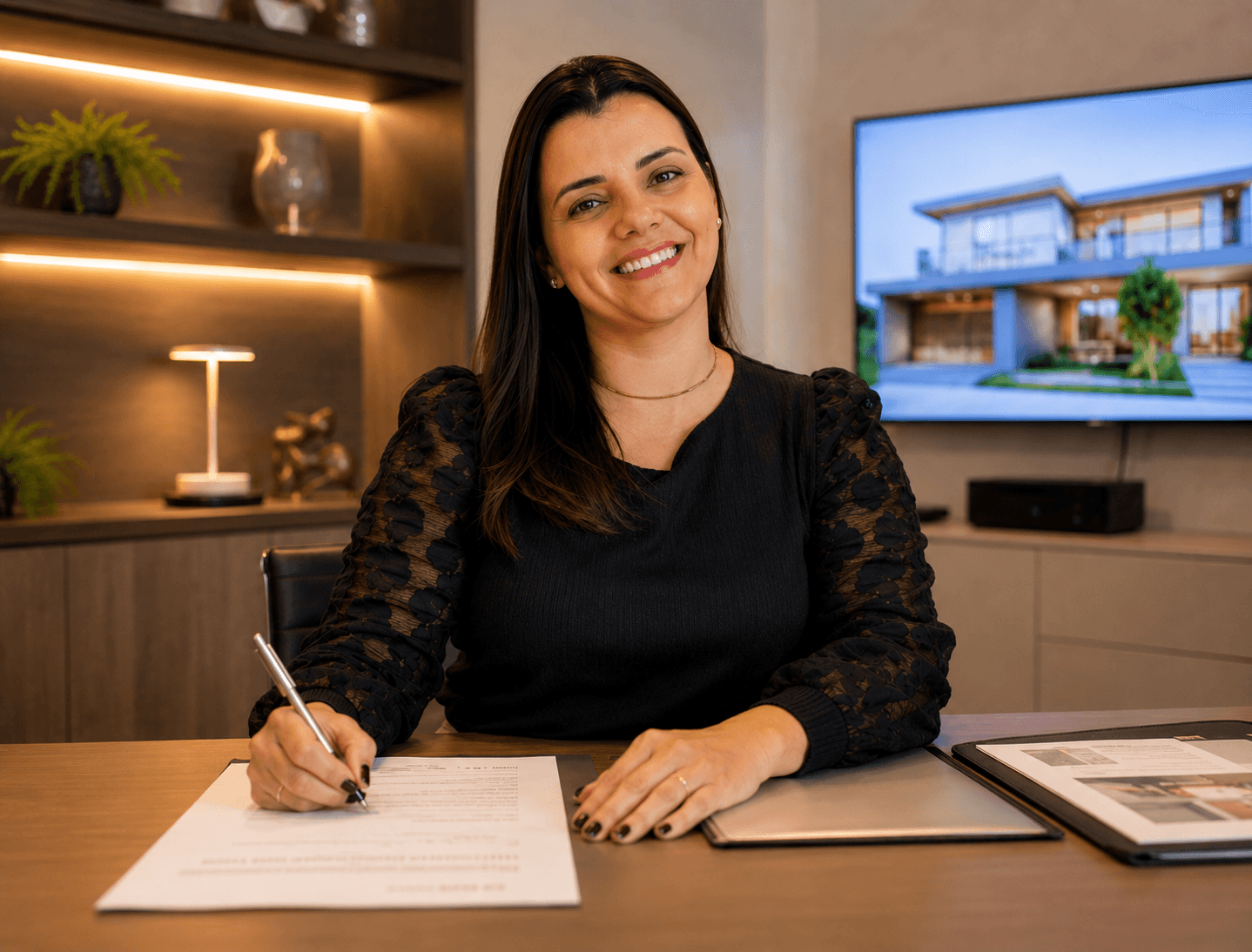 Corretora da CorretoraFlor em seu escritório